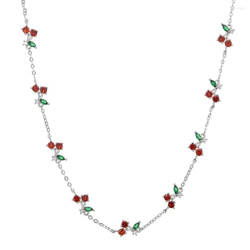 

Chains 2023 Spring Gift Jewelry Green Red Cz Thin Chain Necklace Flower Pendant Choker 35 10cm