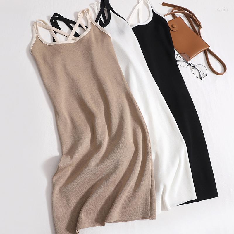 

Casual Dresses Summer Contrasting Colors Knitted Camis Mini For Women Elegant Beautified Corssed Back Bodycom Slim Female, Black