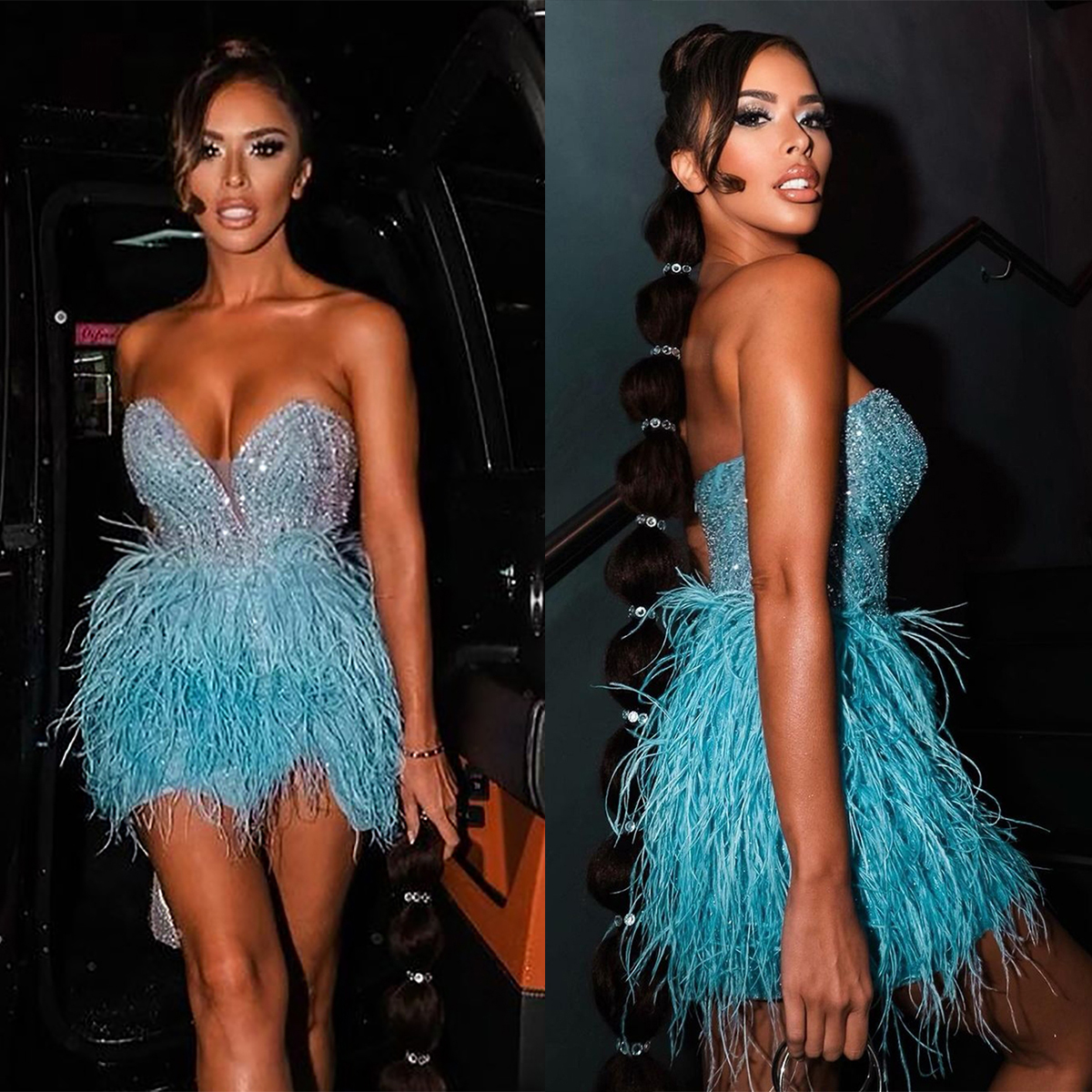 

Gorgeous Mermaid Prom Dresses Sweetheart Shining Sequins Feathers Short Dress Backless Custom Made Plus Size Party Dress Vestido De Noite, Blue