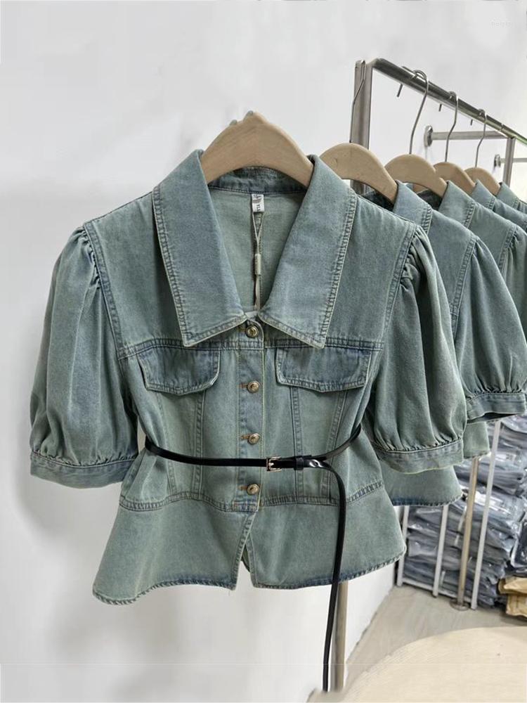 

Women' Jackets 2023 Summer Korean Fashion Turn Down Collar Short Blouse Denim Jacket With Belt Top Puff Sleeve Shirt Vintage Button Coat, Blue
