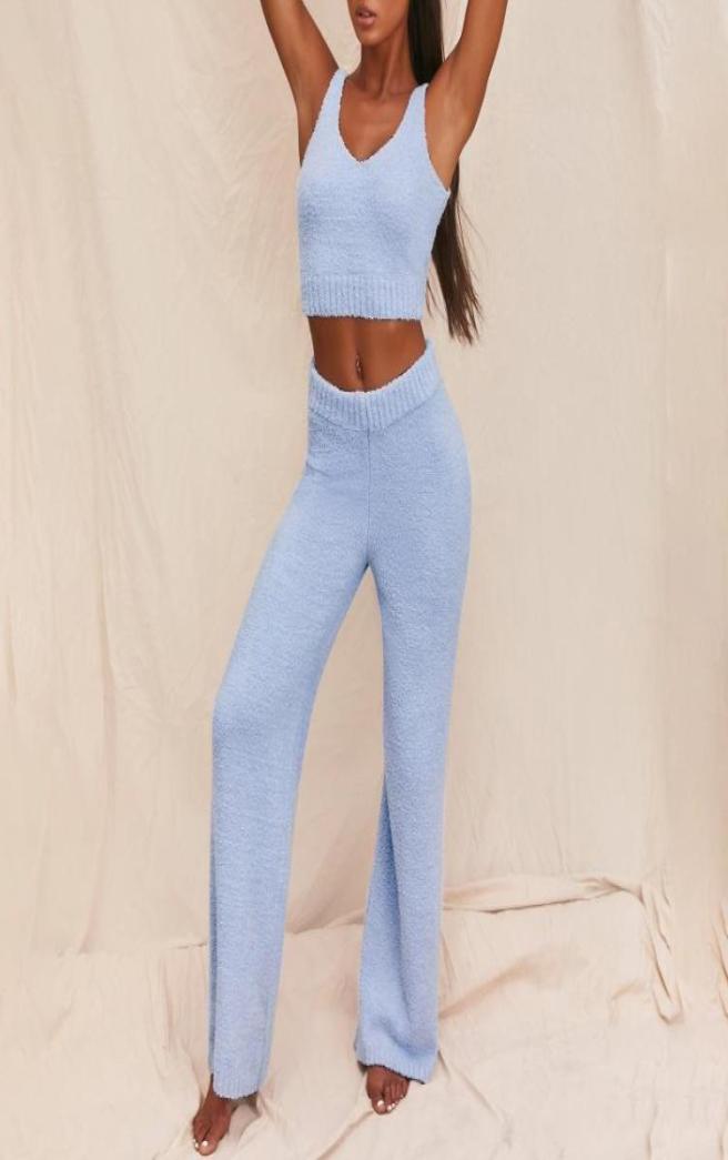 

Women039s Tracksuits Women Sexy 2 Piece Fuzzy Plush Outfits VNeck Backless Crop Top Long Pants Winter Sweater Solid Color Paja3510492, White