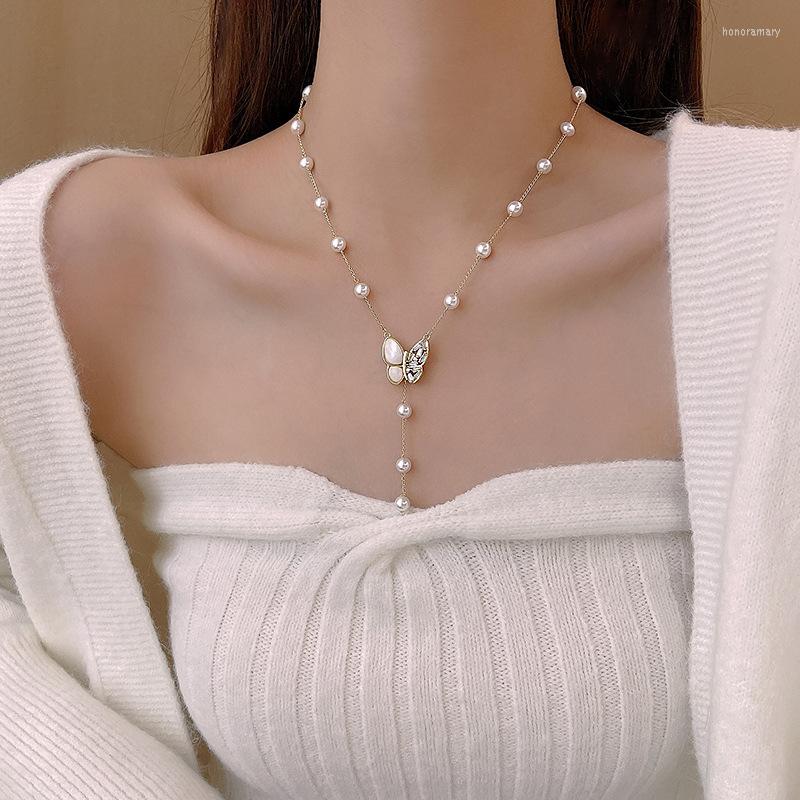 

Chains Luxury Butterfly Pendant Vintage Pearl Tassel Necklaces Women Elegant Charm French Romantic Style Clavicle Chain Commemorative