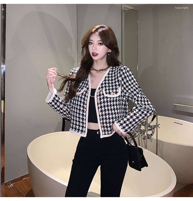 

Women' Jackets DALMAZZO Autumn Retro Houndstooth Short Jacket Coat Women V Neck Single Breasted Slim Outerwear Tops Female, Picture color