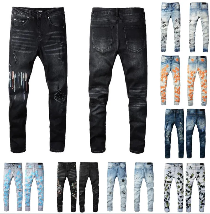 

Designer Mens Jeans Embroidery Pants Fashion Holes Trouser Hip Hop Distressed Zipper Trousers for Male