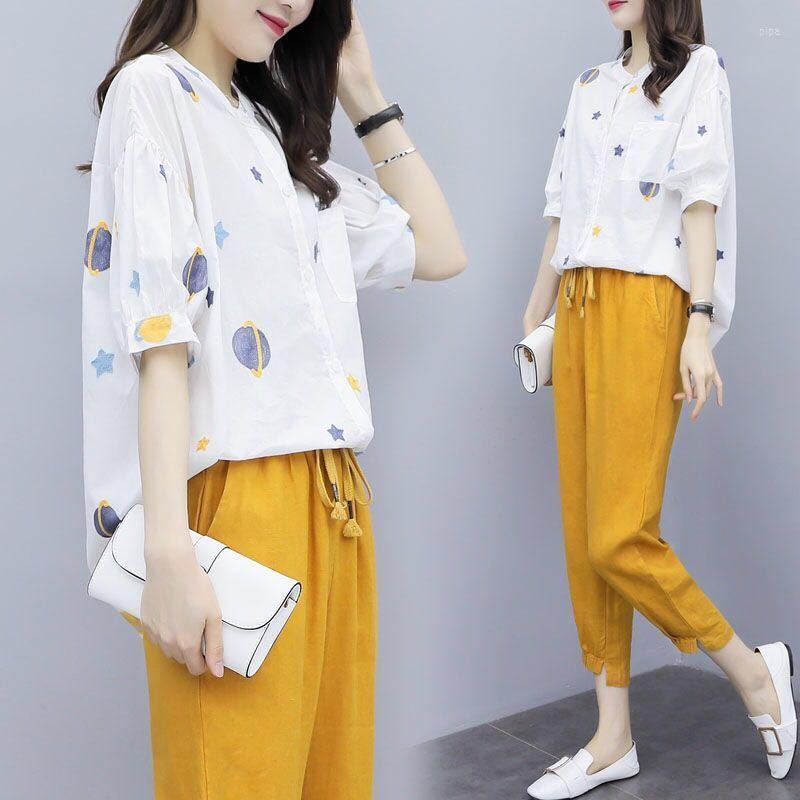 

Women's Polos Suit Women's Dress Summer Two-piece Set Printed Shirt Top Leg Pants Temperament Fashion Women, White