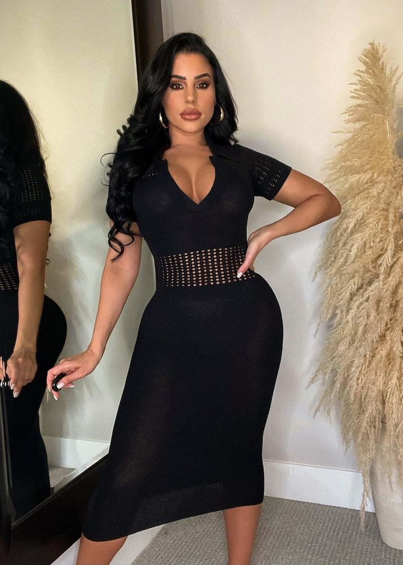 

Casual Dresses Summer Elegant Elastic Knitted Sweater Dress Women Short Sleeve Hollow Out Bodycon Long 2023 Sexy Solid Clothes, Black