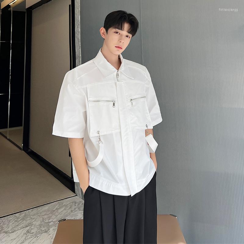 

Men's Casual Shirts ERTH Men's Shoulder Pad Short Sleeve Shirt Fashion Metal Zipper Cardigan Male Solid Color Ribbon Lapel Tops Niche, White