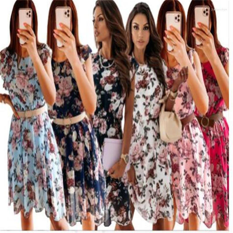 

Casual Dresses Summer Fashion Floral Printed Long Dress Ladies Sleeveless Elastic Waist Beach 2023 Women V-Neck Pleated Chiffon Cover-Ups, Blue