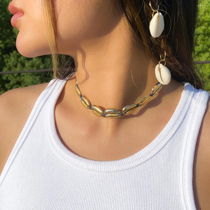 

Chains Bohemia Hand Weave Shell Chain Clavicle Women Summer Vacation Jewelry Personality Gold Plate Conch Choker Necklace Simple Collar