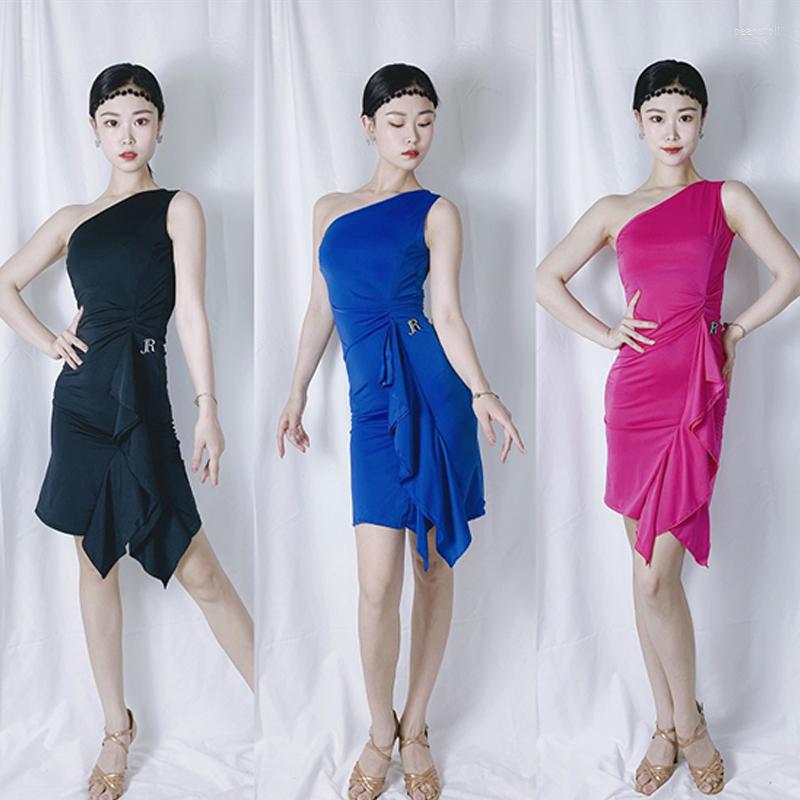 

Stage Wear Sexy Latin Dance Dress Women Oblique Shoulder Sleeveless Summer Clothes Salsa Costume Black With Bra Pads DNV14442