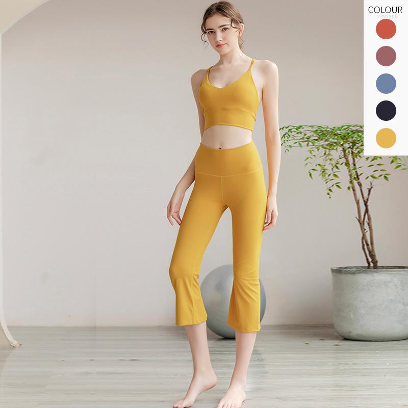 

Active Pants Yoga Set Women Leggings Bell-bottoms Pant With Soft Workout Gym Bras, Bean set