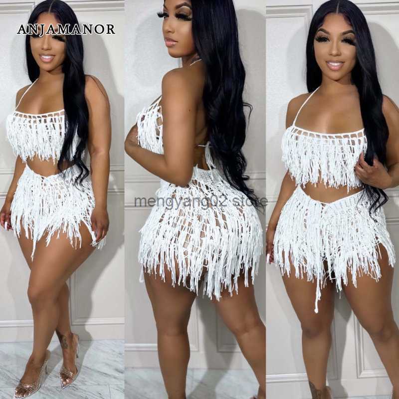 Two Piece Dress Sexy See Through Knit Crochet Fringed Short Sets Beach Vacation Summer Outfits for Women 2023 Two Piece Set D0-DG25 T230510-image-864458544