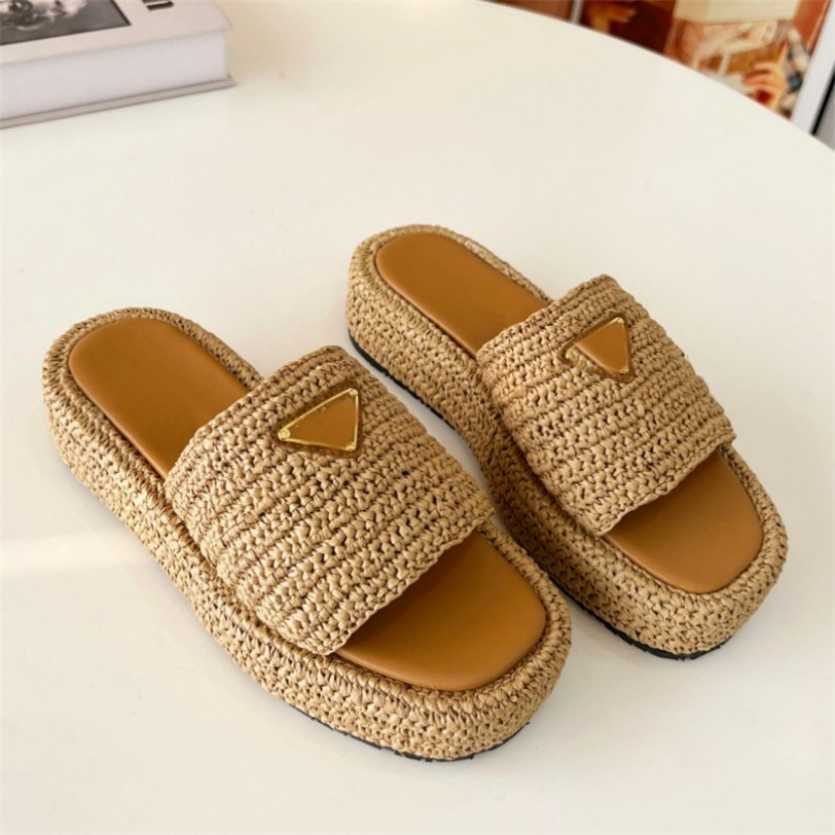 

Designer Slippers Triangle Buckle Raffia Straw Espadrilles Women Thick bottom Sandals Slip On Mules Slides lady Platform Wedges Square Toe Flip flops 2023 womens, Ympd4102