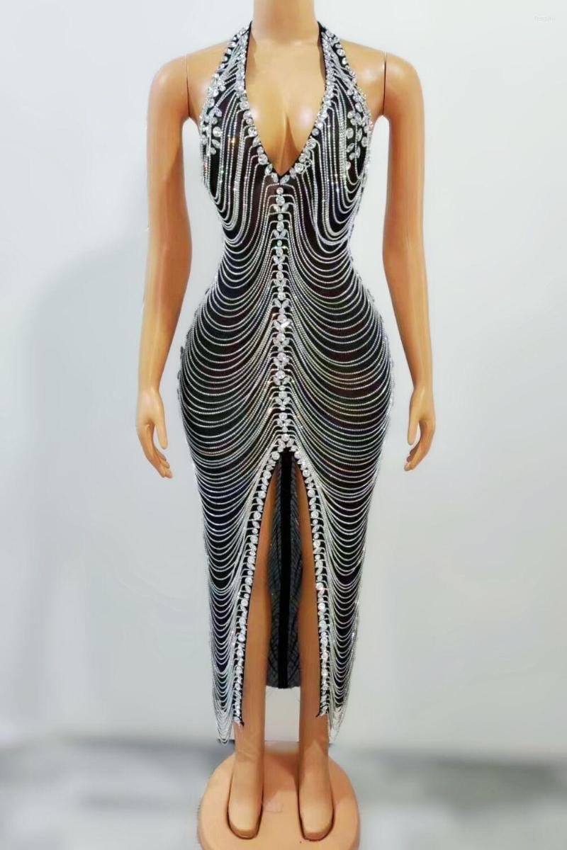 

Stage Wear Sparkly Full Chains Silver Rhinestones Transparent Black Dress Evening Birthday Celebrate Costume Sexy Sleeveless Heiwan, Long