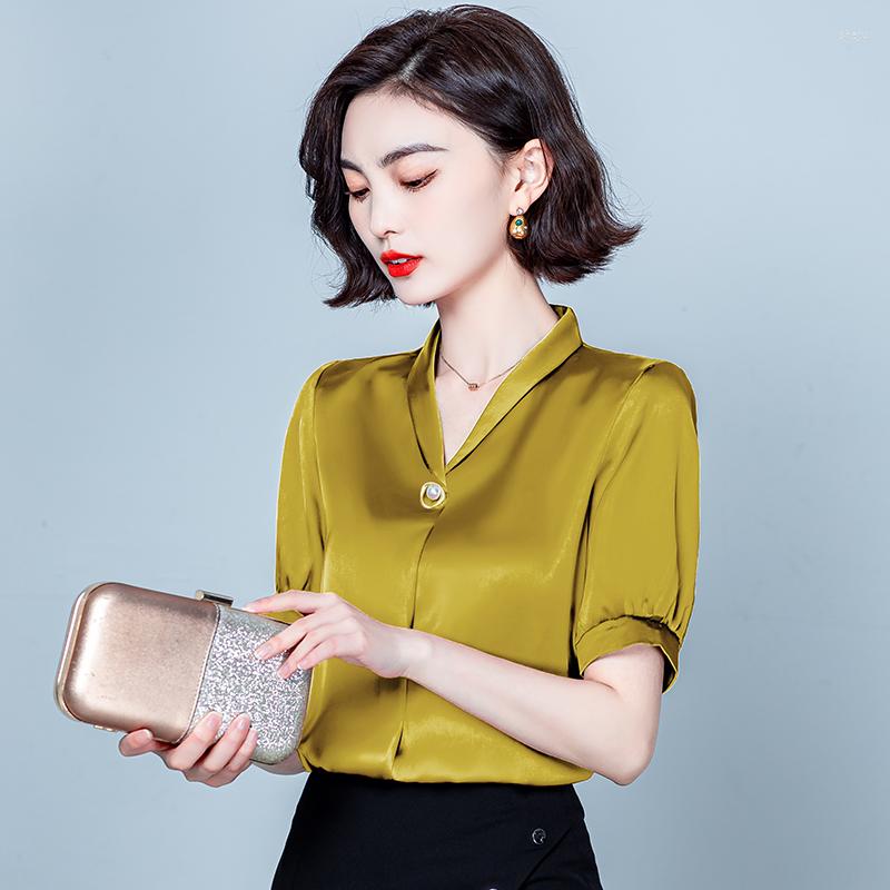 

Women's Blouses High-end Office Ladies Acetate Satin Shirt Top For Women 2023 Summer Elegant Solid Color Short Sleeve Female Slim Casual, Blue