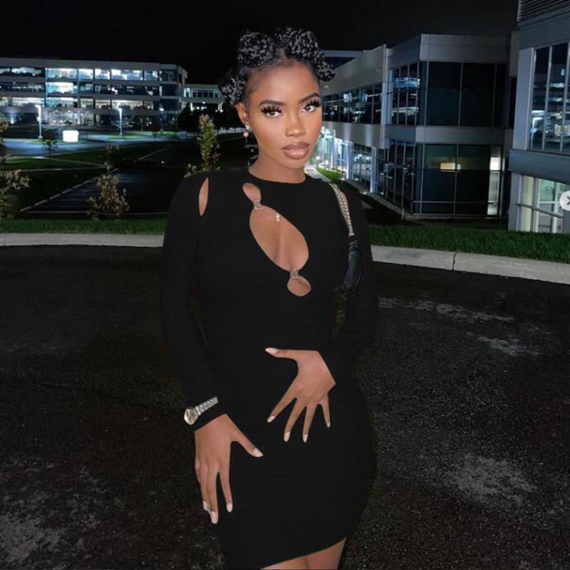 

Casual Dresses Sexy Woman Fall 2023 High Stretch Knit Long Sleeve Round Collar Hollow Solid Color Multi-color Nightclub Dress, Black