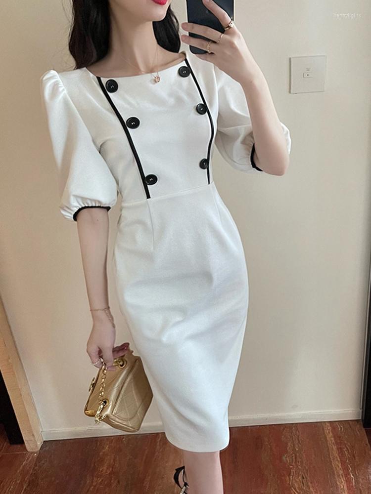 

Party Dresses Fashion French Style Elegant For Women 2023 Retro O-Neck Short Sleeve Midi Street Clothes White Female Dress Slit