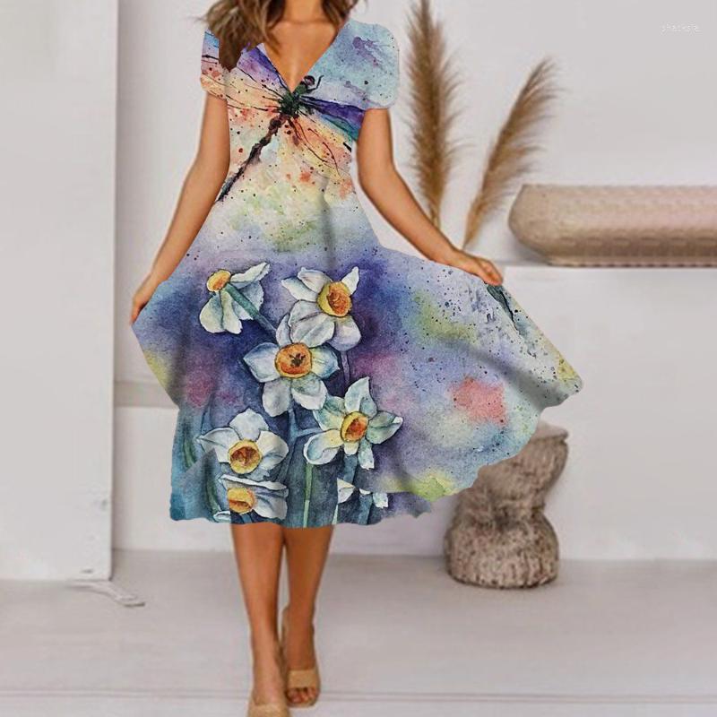 

Casual Dresses Women's Fashion Dress Summer Short Sleeve V-Neck Oversized Floral Printed Party Long Female