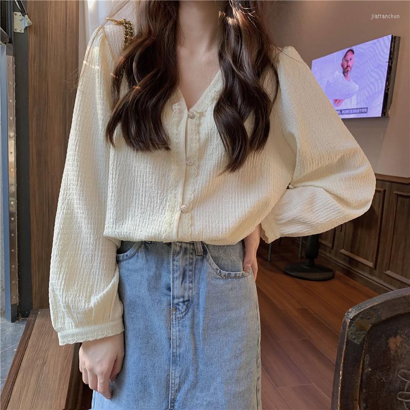 

Women's Blouses Oversize Korean V-neck Chic Shirt Women Fashionable Straight Long-sleeve Top Lace Trim Single Breasted Shirring, Apricot