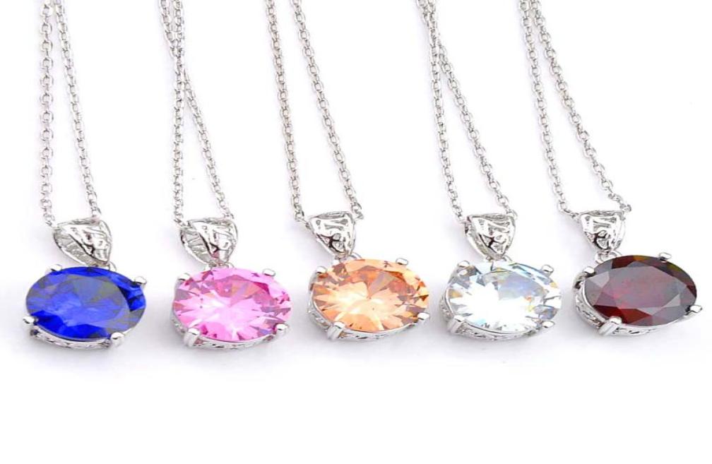 

Luckyshine 5 Pcs Charm Fashion Vintage Round Garnet Morganite Topaz Gemstone Sliver Colored CZ Pendant Necklaces For Women Fre3511057