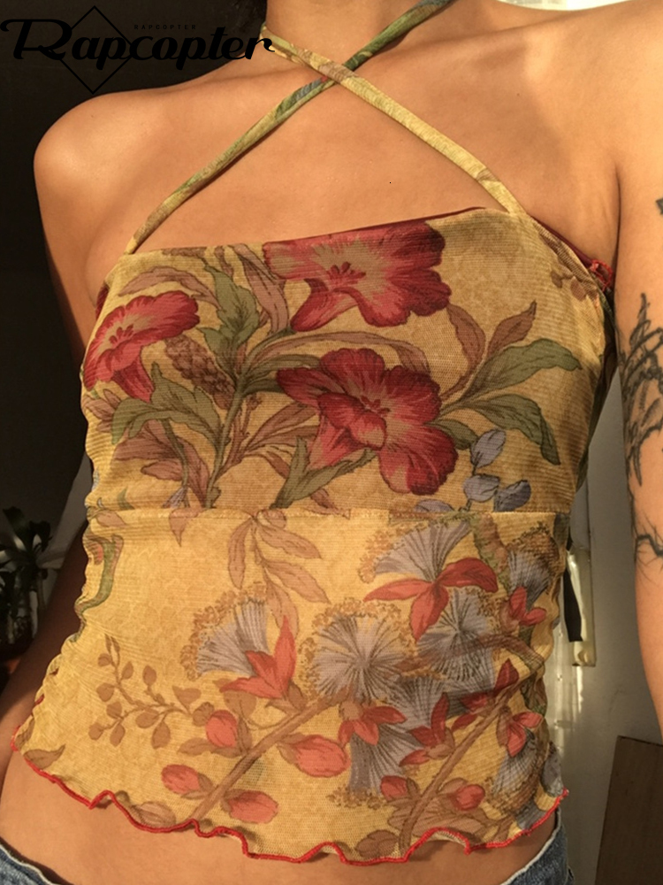 Womens Tanks Camis Rapcopter Floral y2k Crop Top Mesh See Through Sexy Corset Frill Cross Halter Sweats Female Summer Party Clubwear Cute Vests 2305