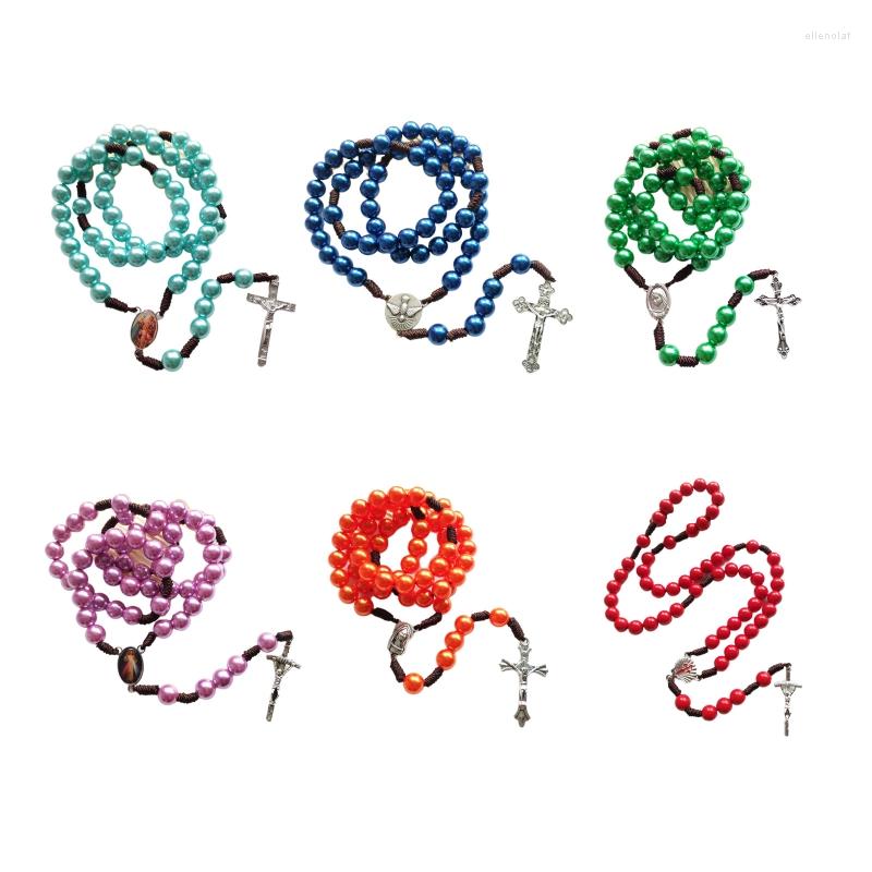 

Chains Rosary Beads Necklace Catholic Crucifix Pendant Colorful Bead Religious Praying Jewelry For Women Men 6 Color
