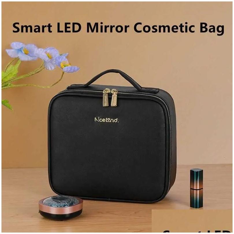 cosmetic organizer storage bags smart led makeup bag with mirror lights large capacity professional case for women travel organizers beauty kit