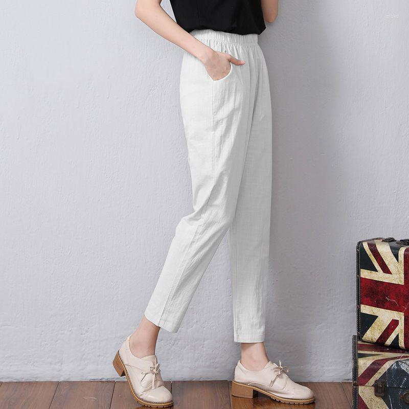 

Women's Pants Casual Women Ankle Length Haren Spring Summer Vintage Cotton Linen Hight Elastic Waist Solid Color, Khaki