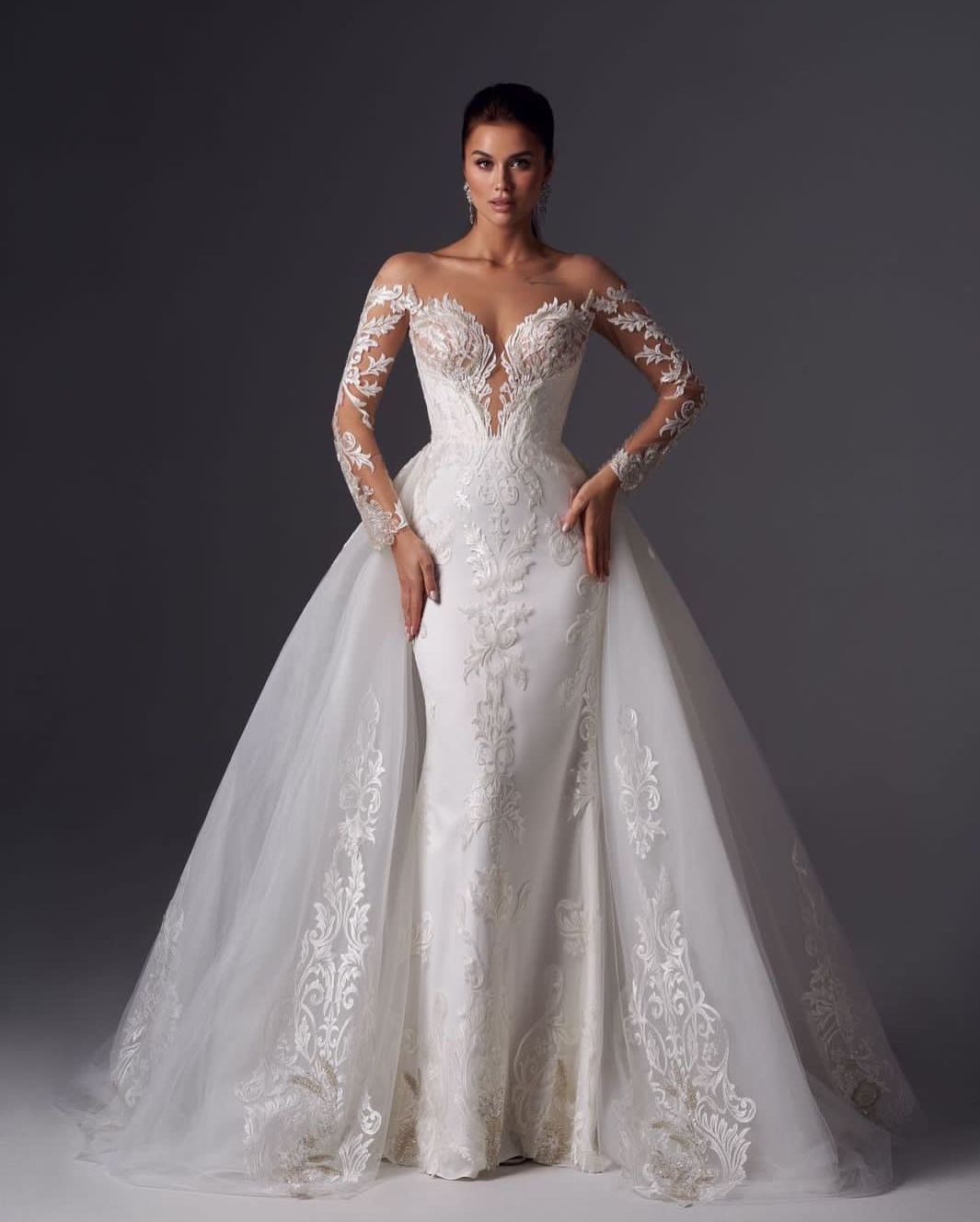 

Elegant Lace 2023 Mermaid Wedding Dress With Detachable Train Long Sleeve Sheer Neck Bridal Gown Robe de mariee, Hunter green