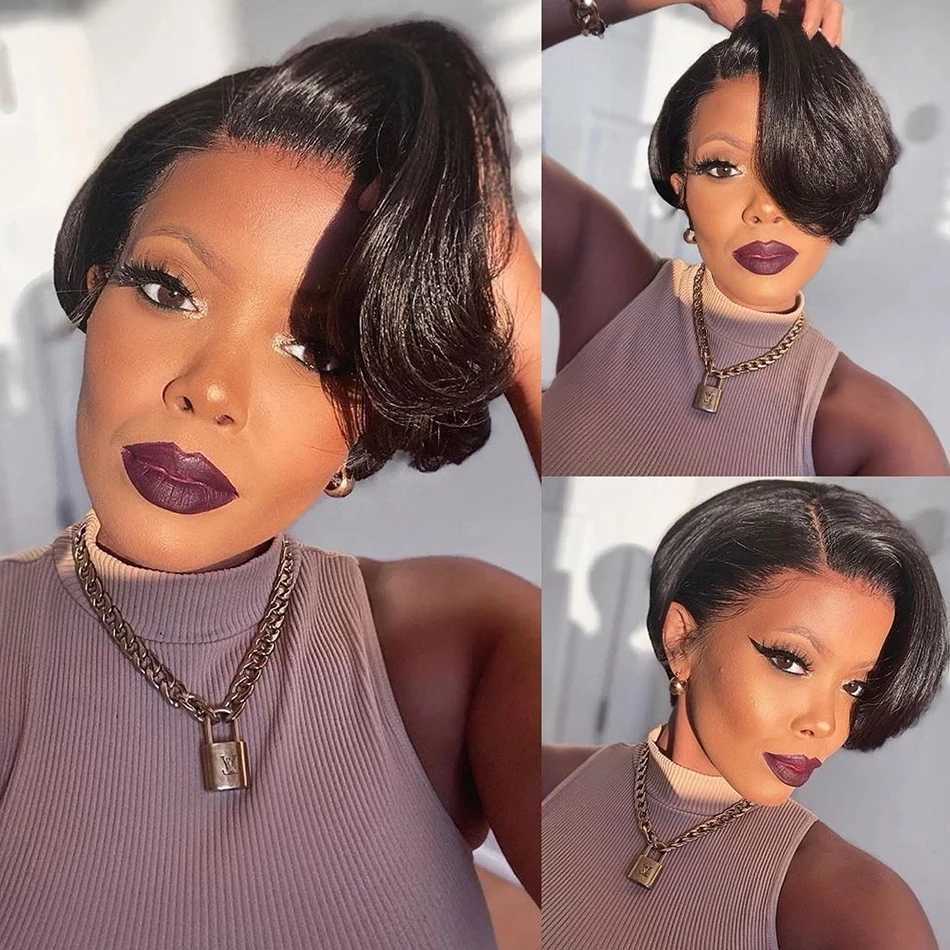 

Hair Wigs Pixie Cut Transparent Lace Human for Women Straight Short Bob t Part Prepluck Brazilia 230510, Ombre color