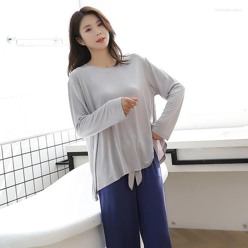 

Women's Sleepwear Spring Color Contrast Modal Pajama Set Women Long Sleeve Pants Pajamas Loose Two Piece Home Wear Round Neck Solid 2023, Yellow-dark gray