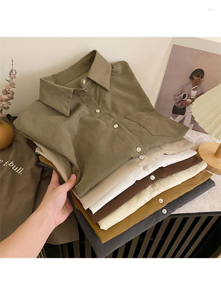 

Women's Blouses Vintage Solid Loose Casual Woman 2023 Spring Autumn Lapel Shirts Women Korean Fashion Basic Long Sleeve Top Female, Khaki