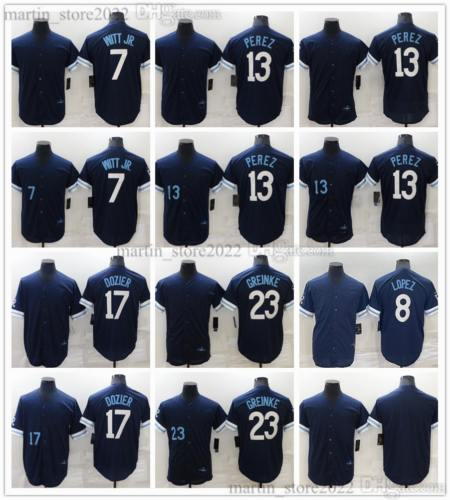 

Stitched Navy 2023 City Baseball 7 Bobby Witt Jr. Jerseys 13 Salvador Perez 17 Hunter Dozier 23 Zack Greinke 8 Nicky Lopez Men Women Youth Size S-6XL