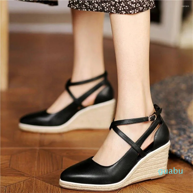 

Dress Shoes Party Pumps Women's Cow Leather Platform Wedge High Heels Pointed Toe Mary Janes Sandals Oxfords Casual, Black