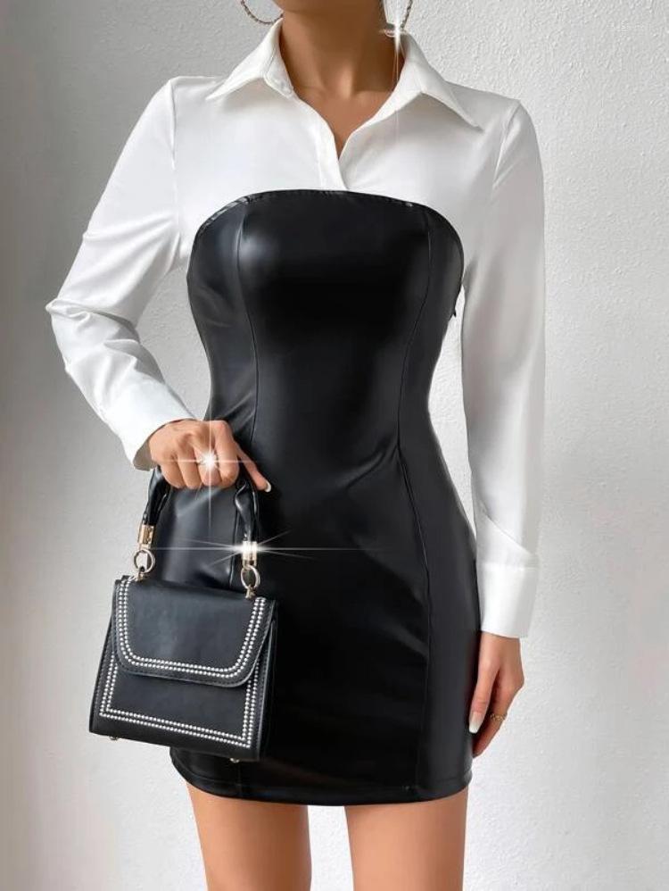 

Casual Dresses Women' Dress Commuting Temperament Contrast Color Slim Fitting Pu Leather Sexy For Women 2023 Summer Style