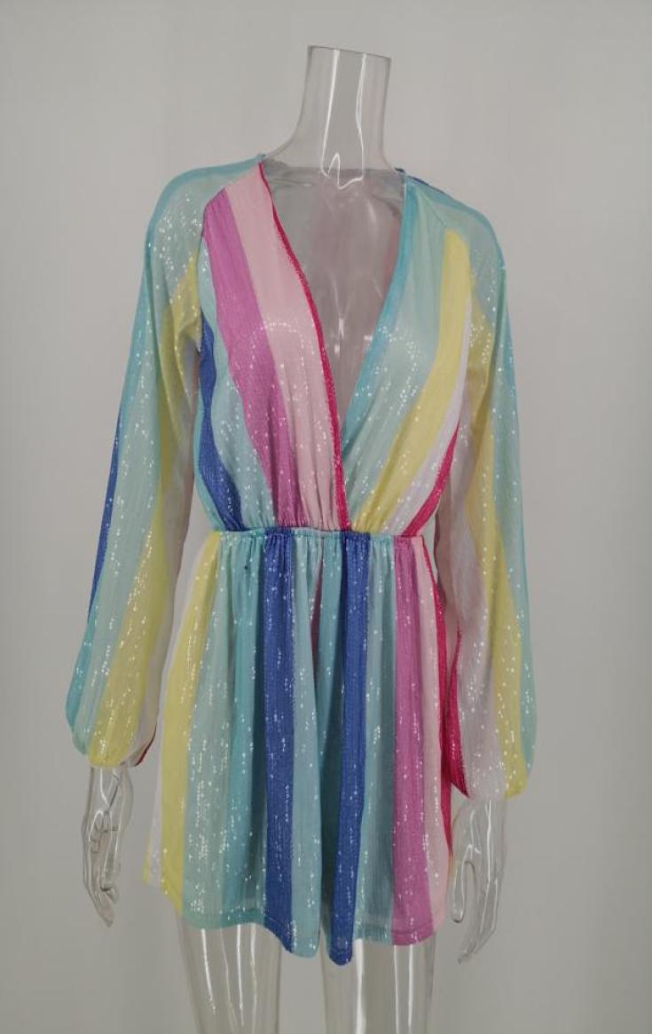 

Sexy Rainbow Sequins Loose Summer Holiday Jumpsuit Women VNeck Long Sleeve Club Wear Party RomperJumpsuit5771801, Blue