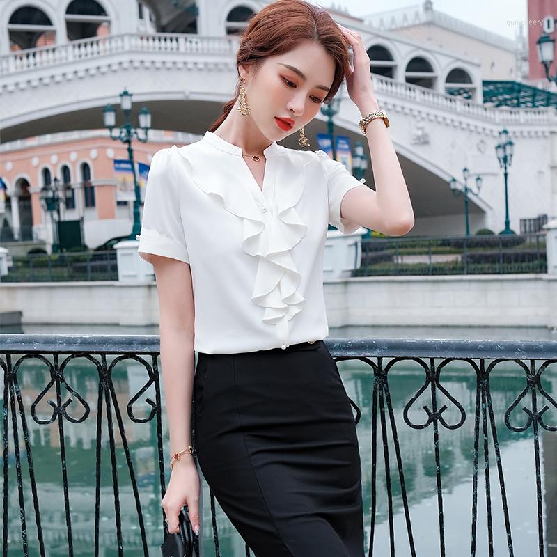 

Women's Blouses Summer Fashion Women Shirts White Ruffles Short Sleeve Office Ladies Blouse And Tops OL Styles Work Wear, Skirt only
