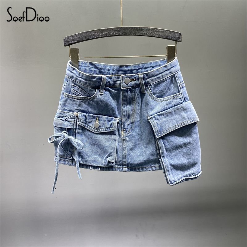

Skirts Soefdioo Rok Denim Kargo Saku Tidak Teratur Fashion Pakaian Wanita Musim Panas 2023 Seksi Pinggul A line Bawahan Streetwear 230509, Blue no stretch
