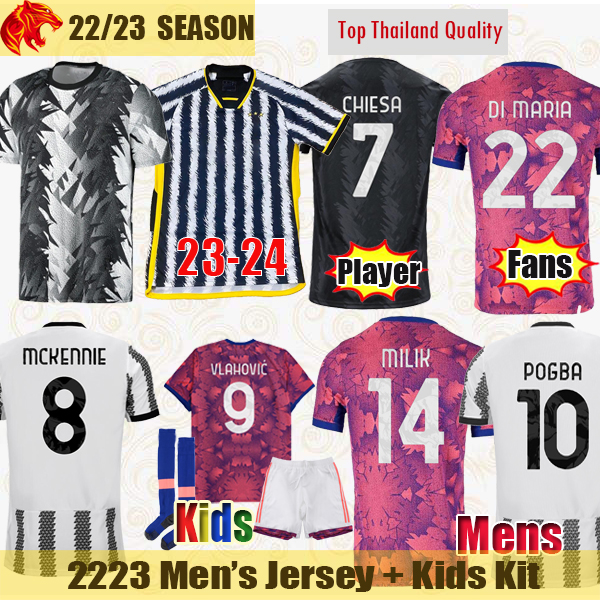 

22 23 24 Juventus Soccer Jerseys MILIK DI MARIA 2023 2024 Fans Player Version Juve CHIESA McKENNIE POGBA Football Shirt AKE CUADRADO Mens Jersey Kids Sets, Fans 2223 home