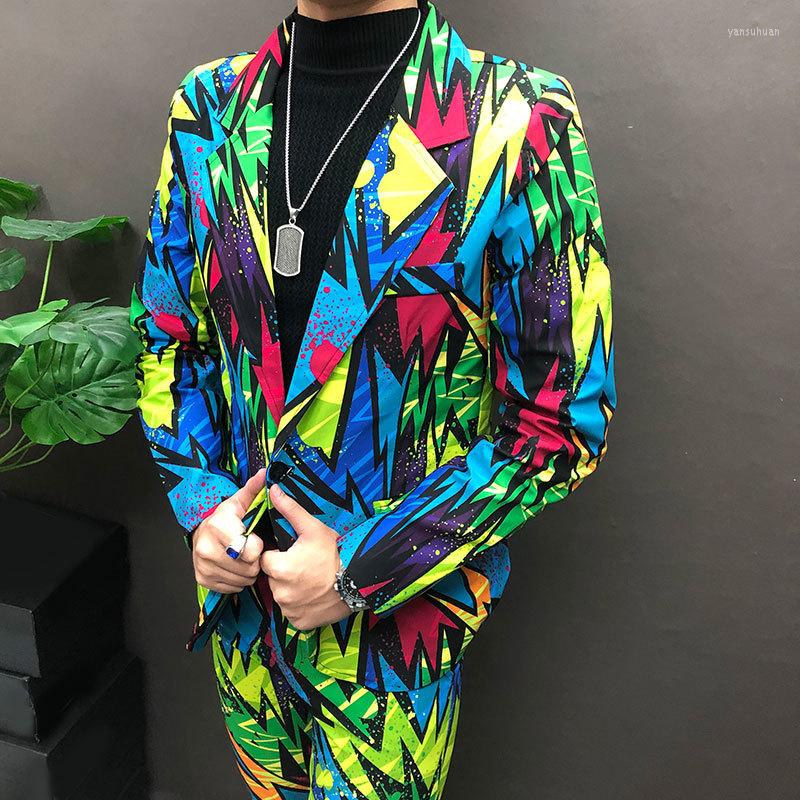 

Men's Suits Colorful Graffiti Contrast Color Pattern Streetwear Hip Hop Singer Dancer Stage Costume Nightclub DJ Male Slim Suit, Picture