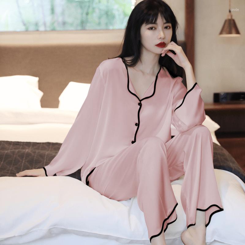 

Women's Sleepwear Fashion Women's Loungewear Two Piece Set Silk Pajamas Solid Single-breasted Laple Long Sleeve Top Loose Trousers Women, White