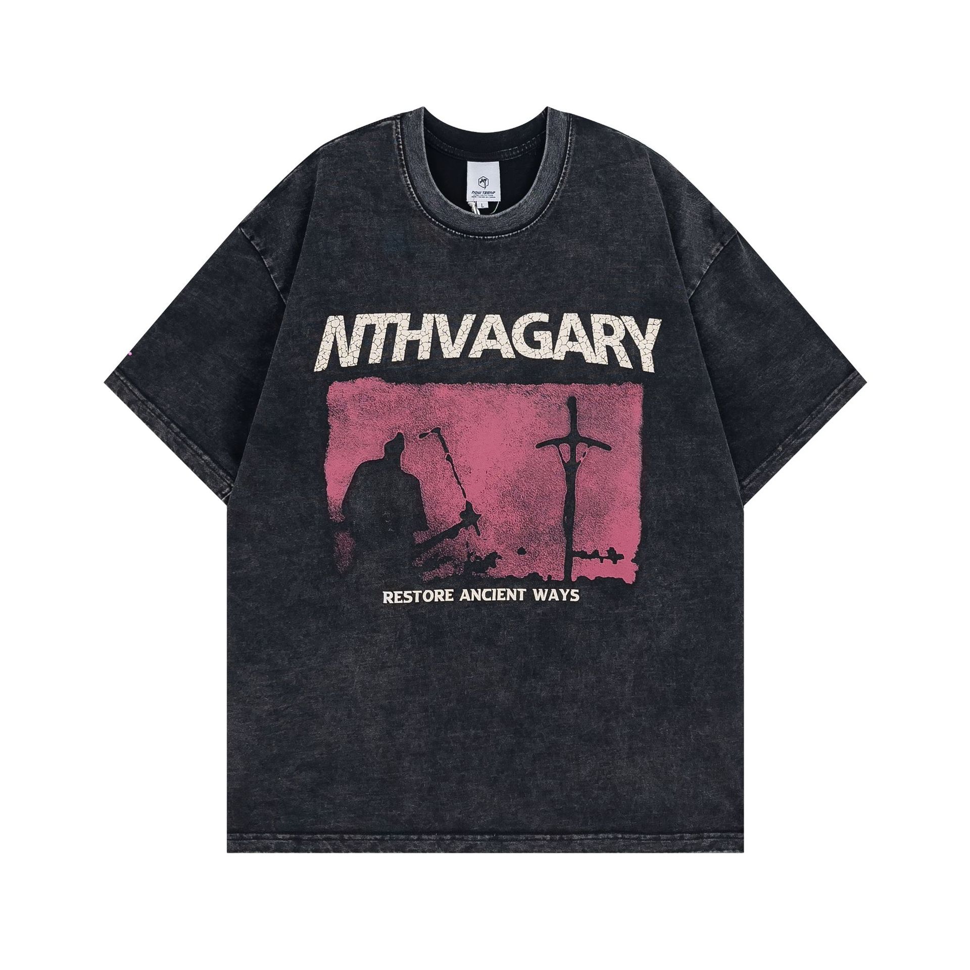 

American Street Print Men's T-Shirts Washed To Do Old Vintage Short Sleeve T-shirt Men's and Women's High Street Tide Brand Oversize Loose Top, Black