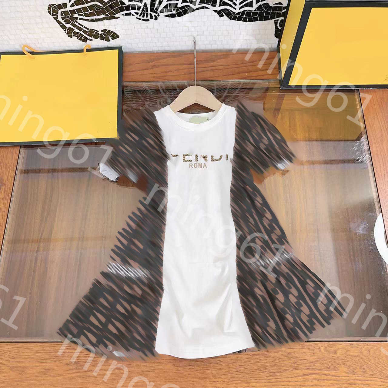 23ss Short-sleeved dresses kids designer clothes girls Dress Round neck Pure cotton Stick drill logo print splicing Short sleeve dress big Girls-image-864318670