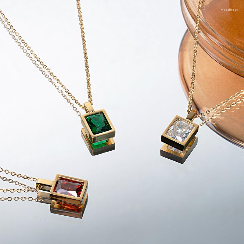 

Chains HIYONG Square Shaped CZ Pendant Necklace 14K Gold Plated Stainless Steel Chain Necklaces French Style Link Jewelry Gift