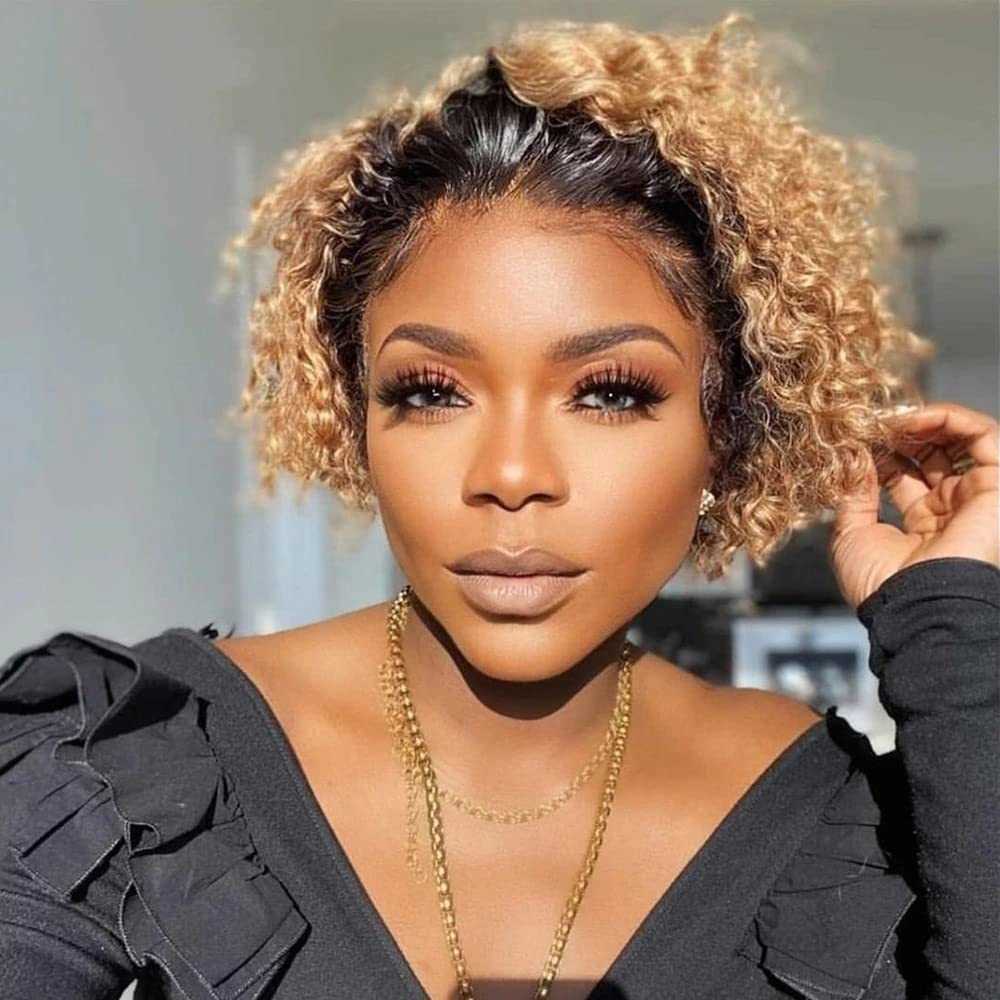 

Hair Wigs Short Pixie Cut Human 13x1 Lace Frontal Curly Bob Colored Hd Transparent for Black Women 230510, #27