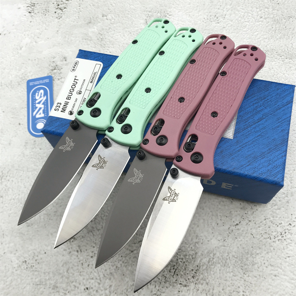 

Benchmade Mini Bugout 533/533BK Pocket Folding Knife 2.75// Drop Point Plain Blade Pink/Green Handles Outdoor Survival Camping EDC Cutting Knives BM 535 3300 9400