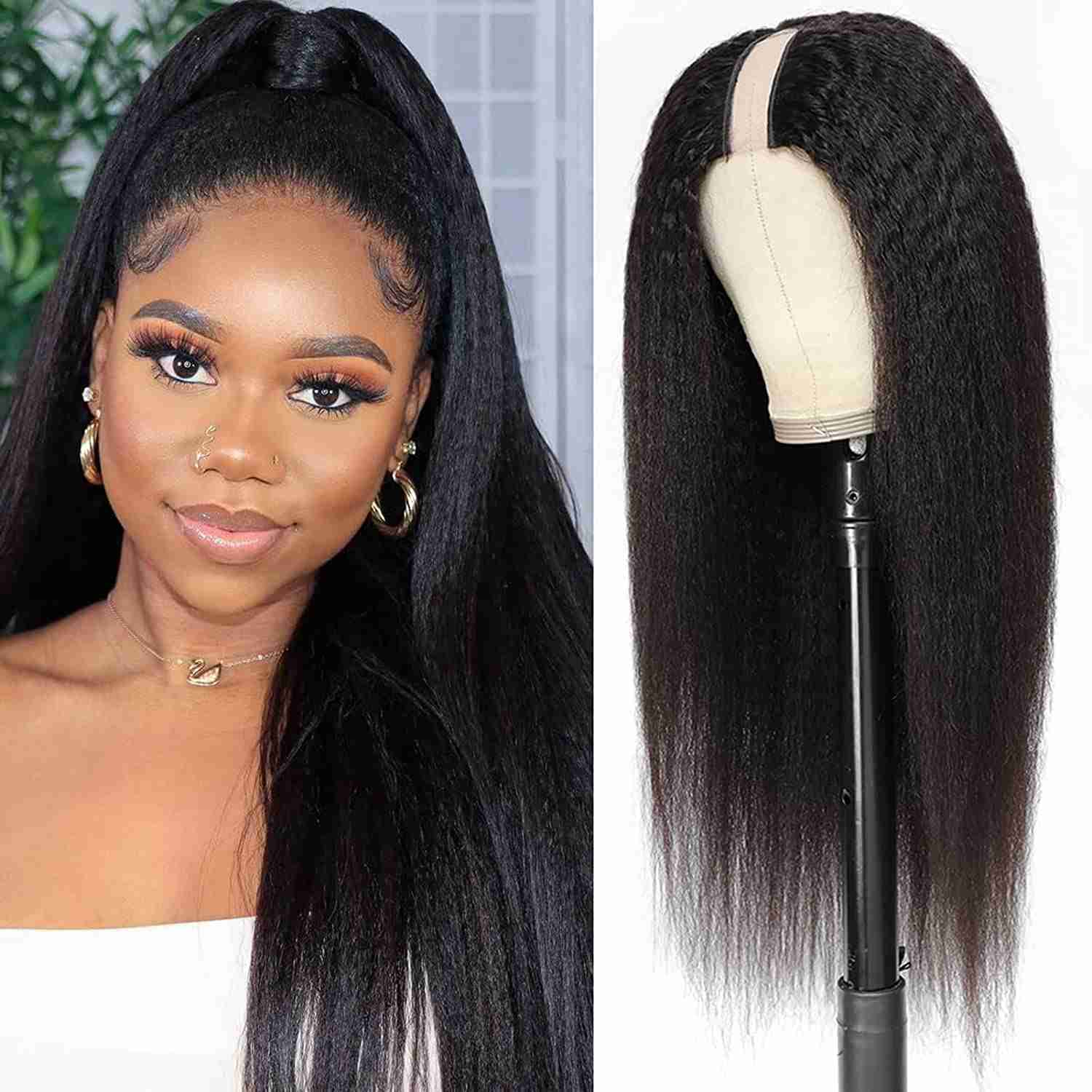 

Hair Wigs Kinky Straight Human Glueless No Leave Out v Part Yaki Remy Full Machine 180% for Women 230510, V part wig