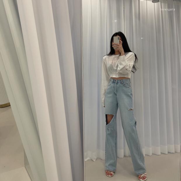 

Women's Pants Korean INS Celebrity Retro High Waist Washed Personality Asymmetrical Ripped Straight Leg Jeans Wide Trousers Female, Blue