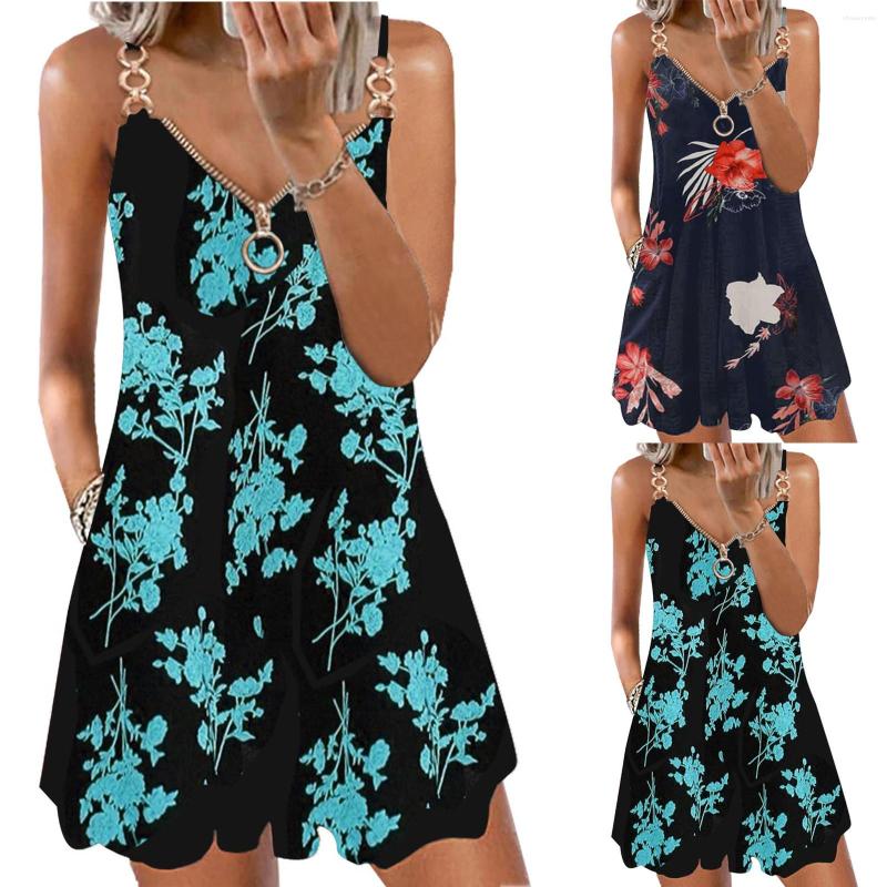 

Casual Dresses Summer Vintage Print For Women V Neck With Zipper Metal Chain Shoulder Strap Sleeveless Suspenders Sundress Dress, 4gn