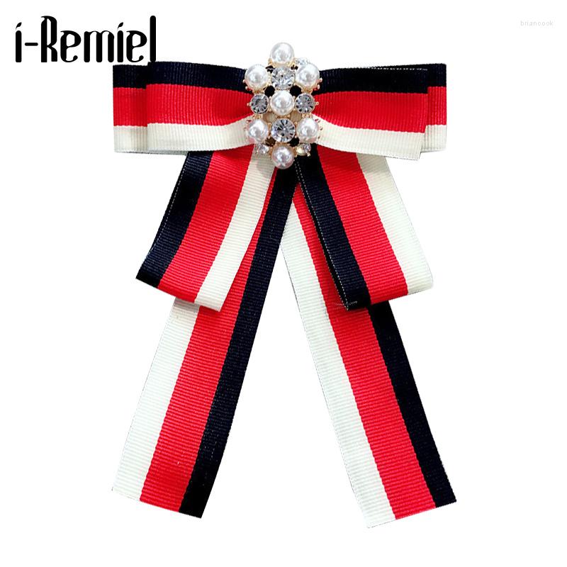 

Brooches I-Remiel Korean Ribbon Bow Tie Brooch Pin Pearl Ties Flower College Blue Red White Stripe Navy Style Women Clothing Accessories